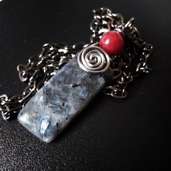 Black, Silver + Grey Norwegian Larvikite Bar Pendant + Gunmetal Black Chain - Picture 8 of 10